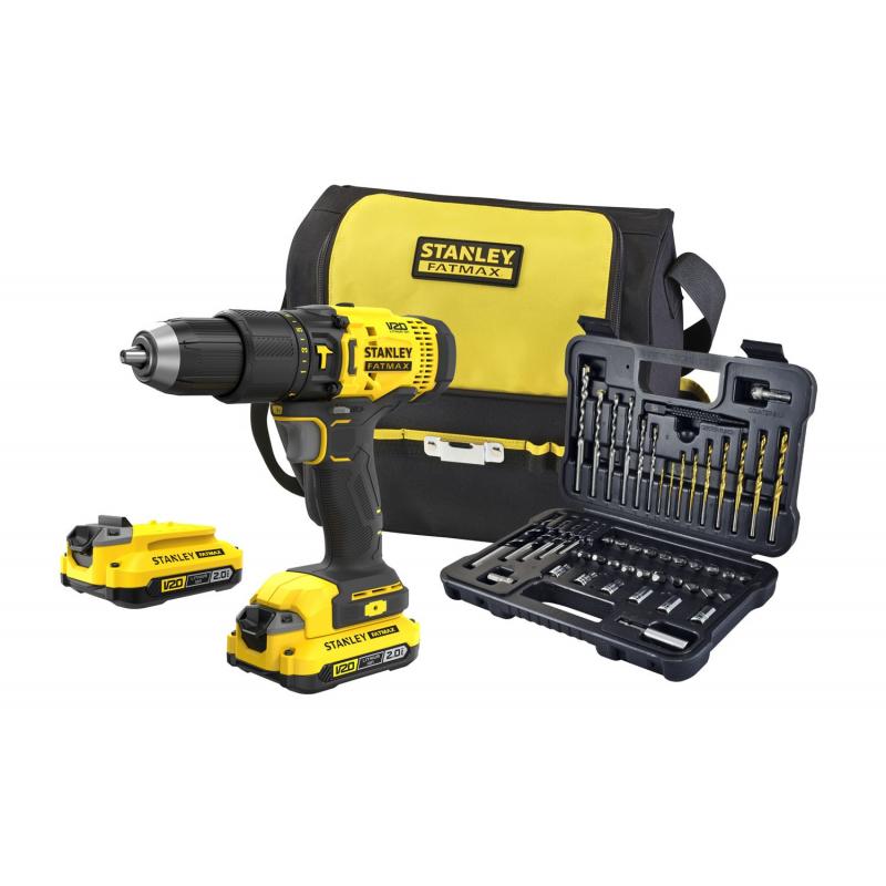 Taladro percutor STANLEY V20 18V con batería. Incluye 50 accesorios y bolsa perfecto para bricolaje y uso profesional STANLEY